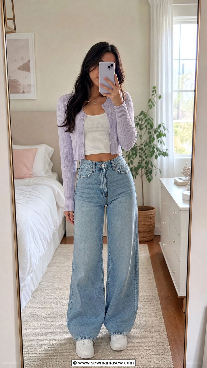 Cropped Cardigan With Tank And Wide Leg Jeans Outfit - 20 Summer school outfit ideas teens