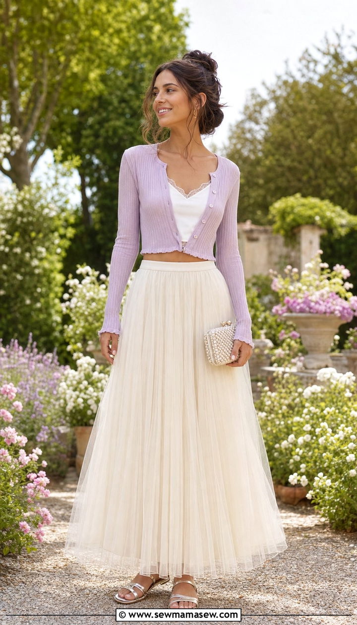 Cropped Cardigan With Tulle Maxi Skirt Outfit - 35 Balletcore spring outfits