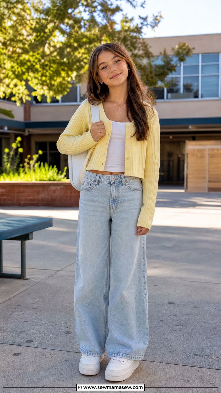 Cropped Cardigan With Wide Leg Jeans And Platform Sneakers - 35 Middle school outfit ideas