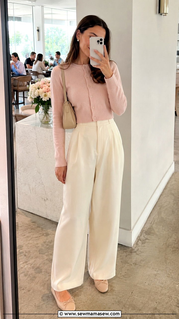 Cropped Cardigan With Wide Leg Trousers And Ballet Flops - 25 Wide leg trousers outfit ideas with a sweater