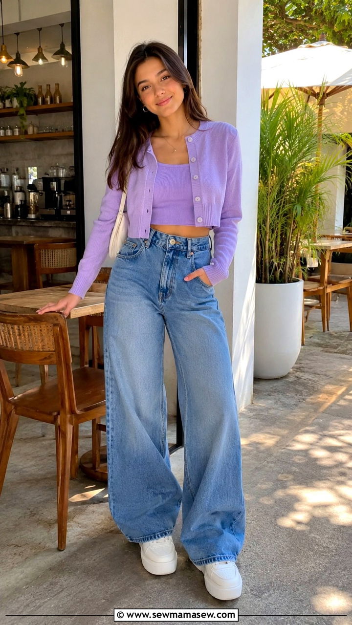 Cropped Cardigan With a Cami Top and Wide Leg Jeans - 30 Trendy outfits for 15 year olds