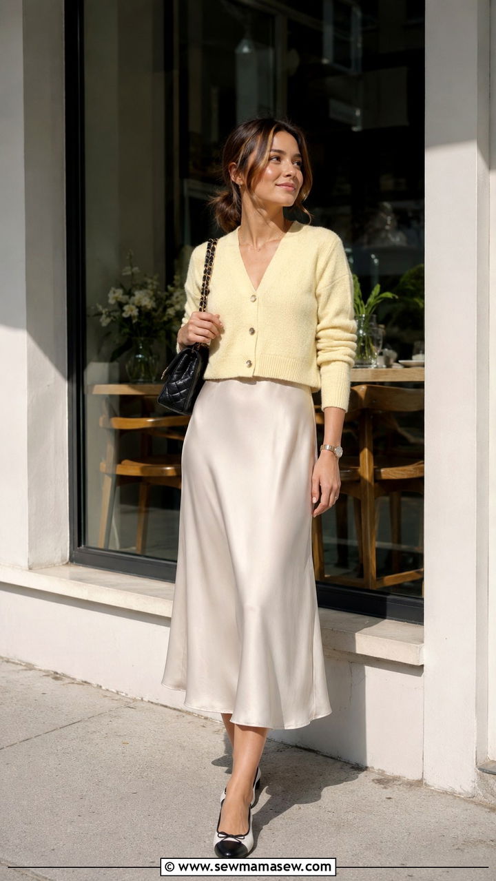Cropped Cardigan With a Slip Skirt and Ballet Flats - 30 Late May outfit ideas
