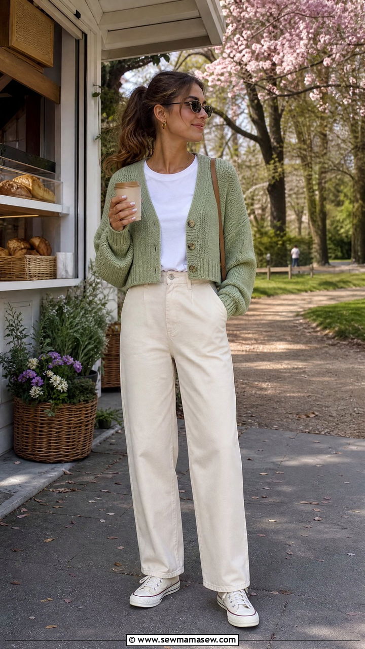 Cropped Cardigan With a White Tee and Relaxed Cotton Pants - 30 French girl loungewear outfit ideas