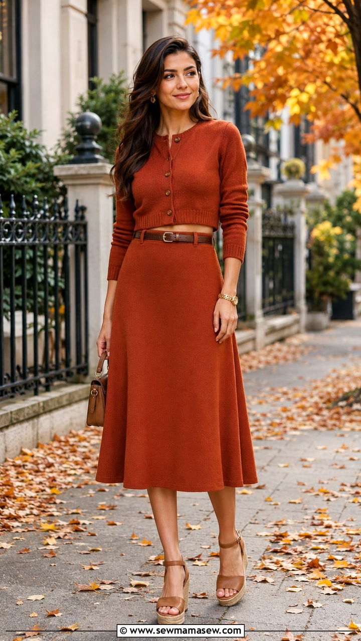 Cropped Cardigan and A Line Midi Skirt Set - 30 Cardigan and dress matching set outfit ideas