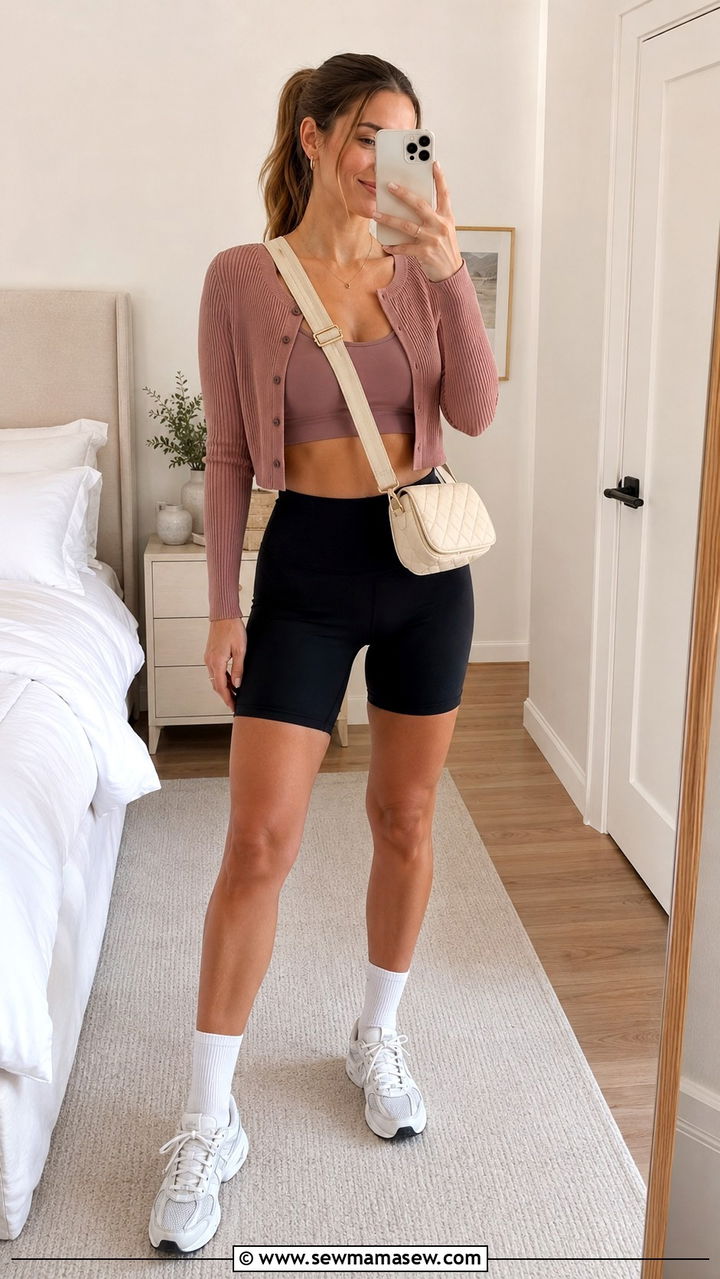 Cropped Cardigan and Biker Shorts - 25 Pilates princess outfit ideas