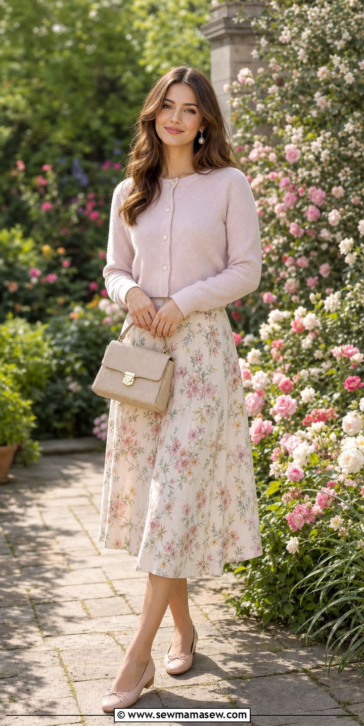 Cropped Cardigan and Floral Midi Skirt Outfit - 25 Spring outfits for women in their 20s