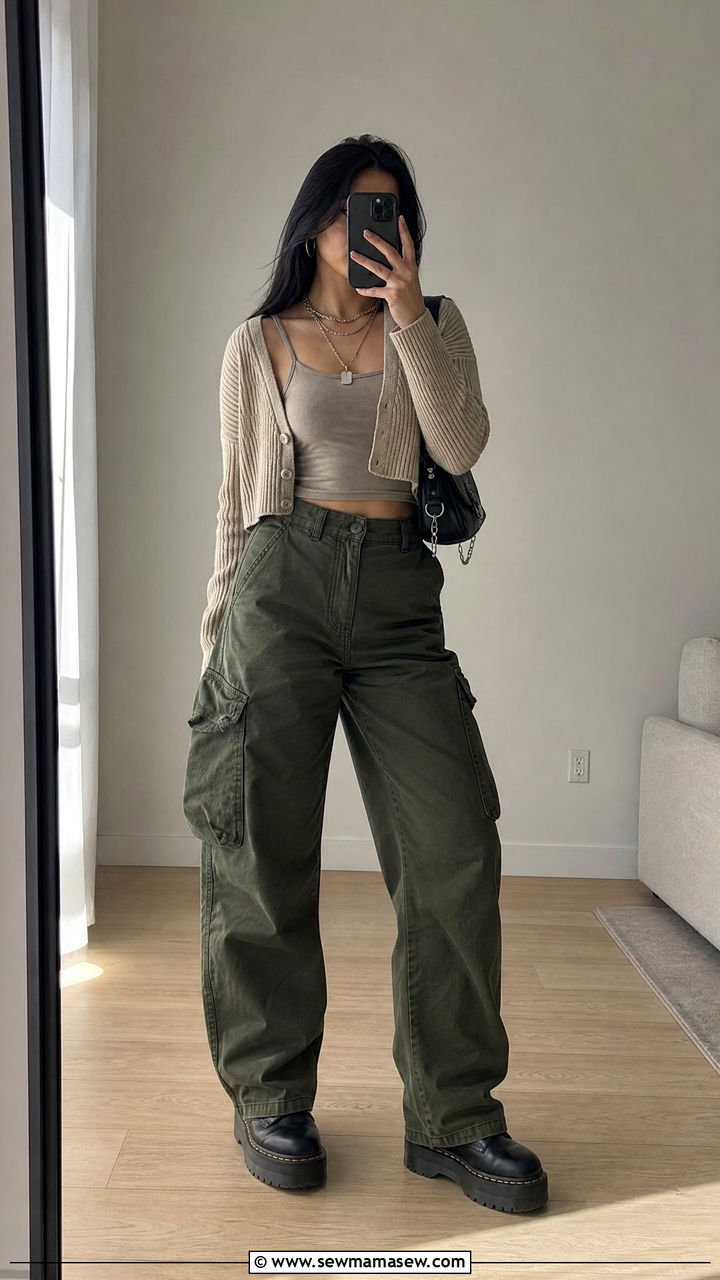 Cropped Cardigan and High Waist Cargo Pants - 25 classy grunge outfits