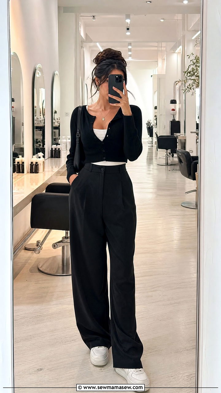 Cropped Cardigan and High Waist Pants Salon Outfit - 25 Salon outfit ideas for hairstylist