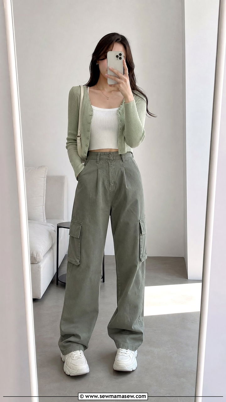 Cropped Cardigan and High Waisted Cargo Pants - 25 casual aesthetic outfits