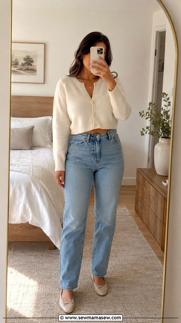 Cropped Cardigan and High Waisted Jeans Look - 30 casual outfits for midsize women