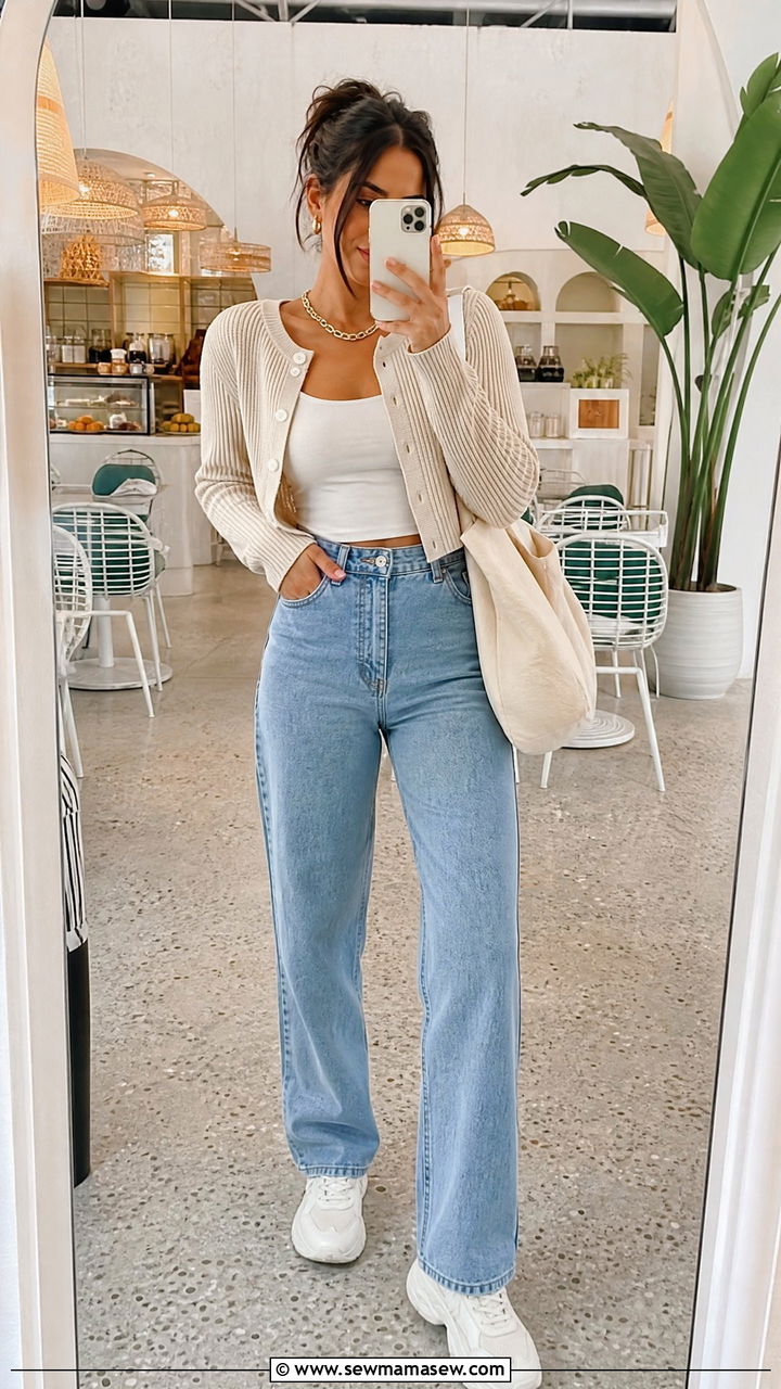 Cropped Cardigan and High Waisted Jeans Miami Brunch Outfit - 35 Miami brunch outfit ideas