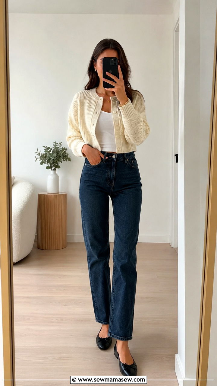 Cropped Cardigan and High Waisted Jeans Outfit - 25 modest classy outfits inspo