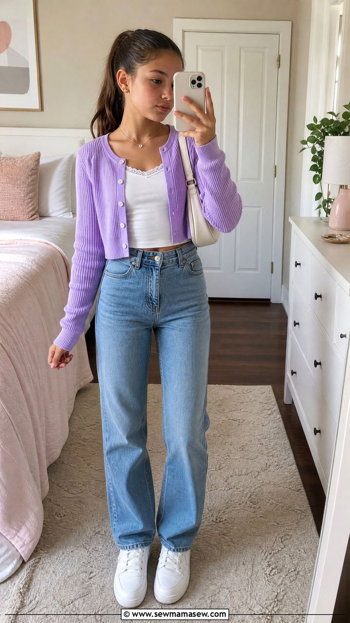 Cropped Cardigan and High Waisted Jeans Outfit - 30 Outfit ideas for tweens