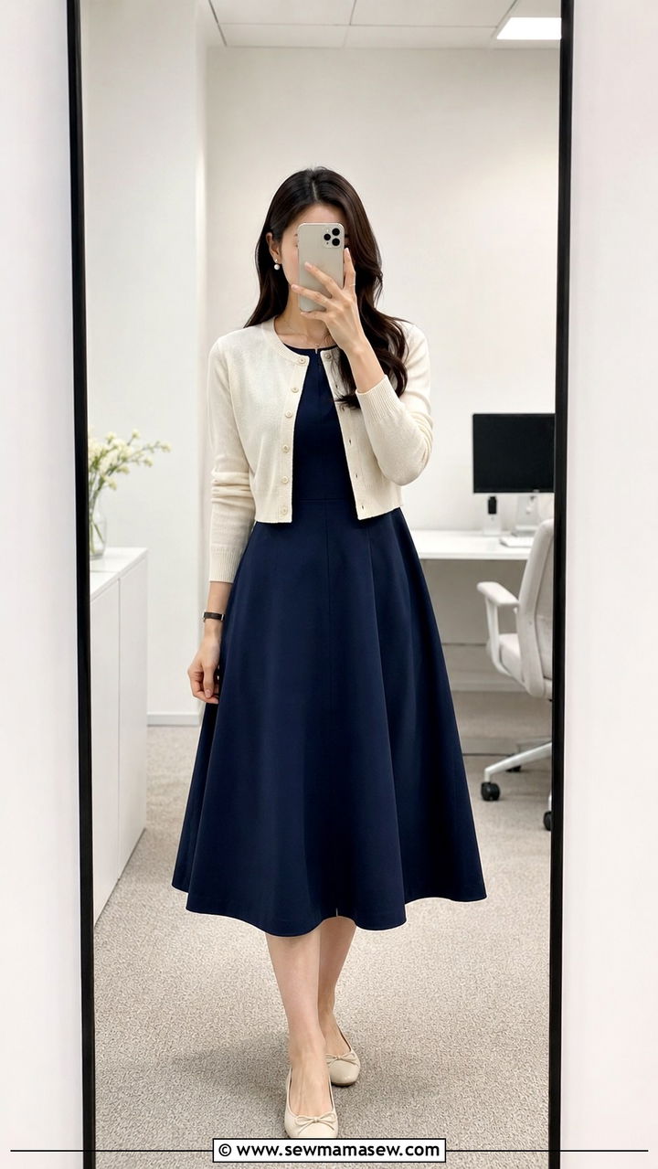 Cropped Cardigan and Midi Dress - 25 Work outfits for pear shape