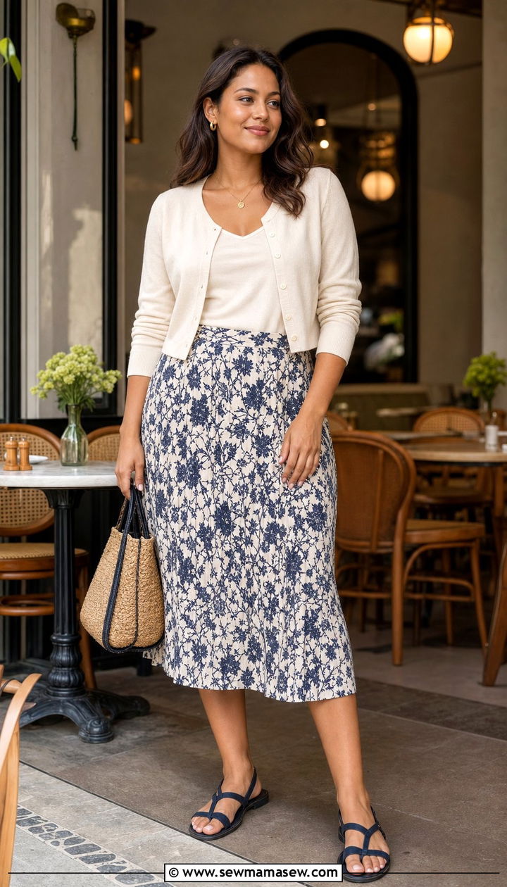 Cropped Cardigan and Printed Midi Skirt Outfit for Pear Shape - 25 Summer outfits for pear shape