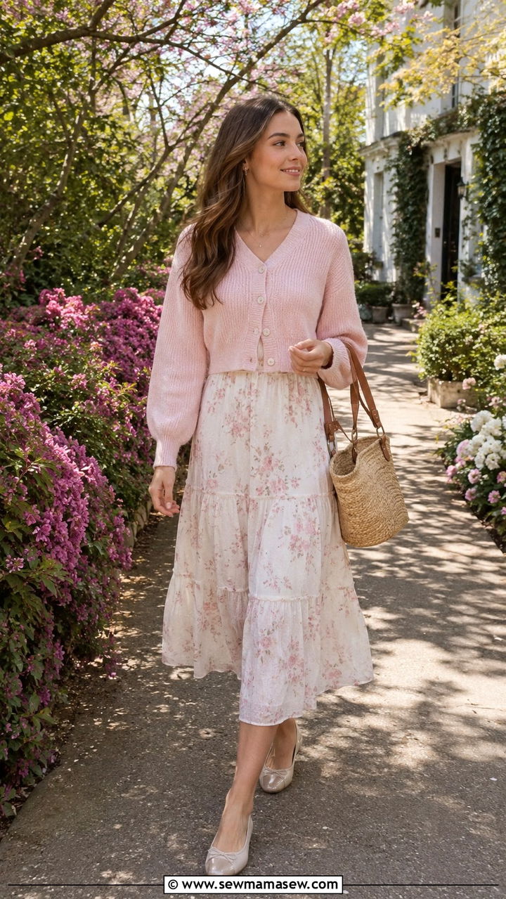 Cropped Cardigan and Tiered Midi Dress - 30 Romantic spring outfit ideas
