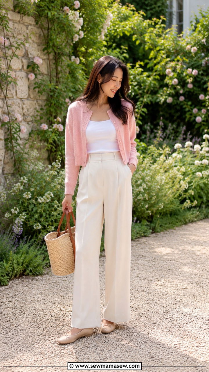 Cropped Cardigan and Wide Leg Pants with Ballet Flats Petite - 25 Petite outfit ideas with wide leg pants