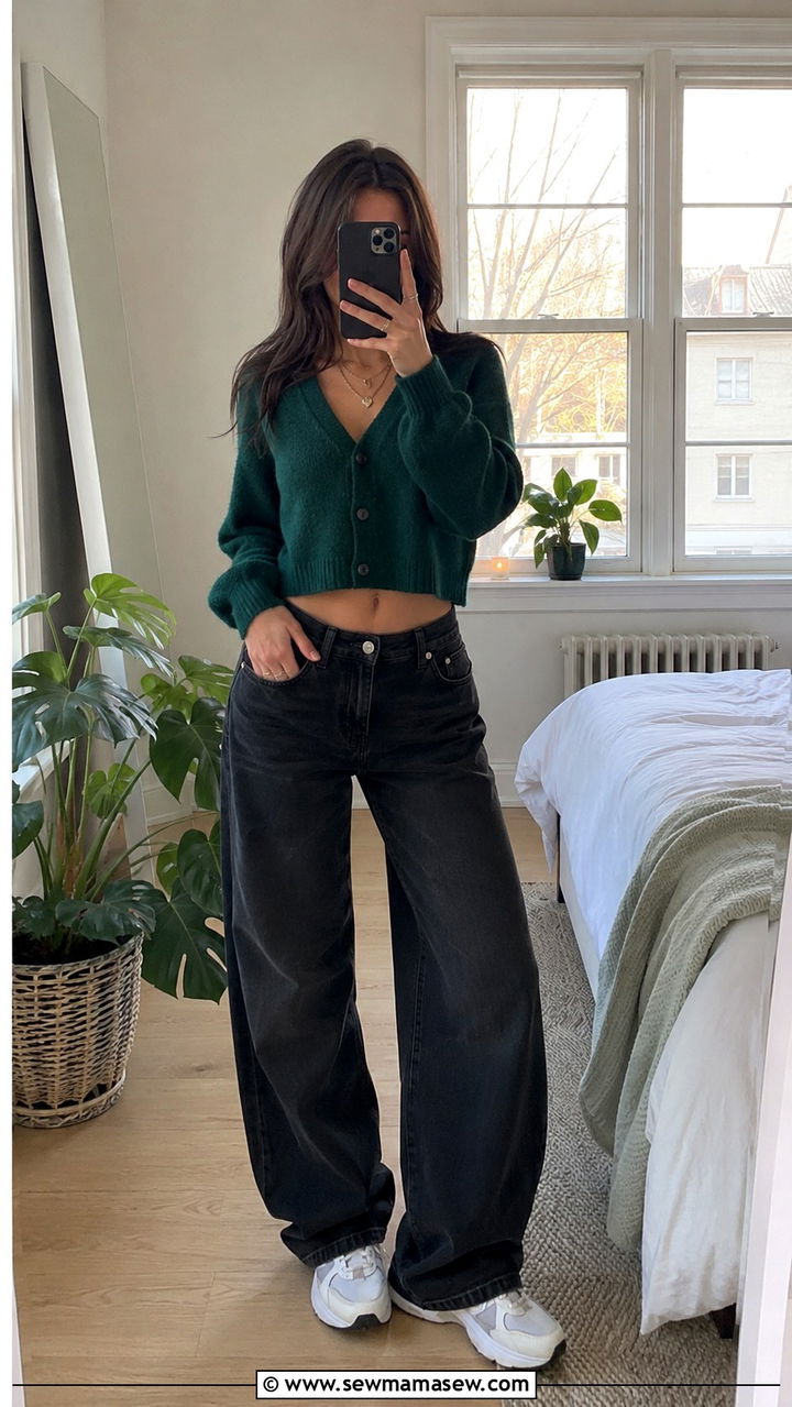 Cropped Cardigan with Black Wide Leg Jeans - 30 casual grunge outfits