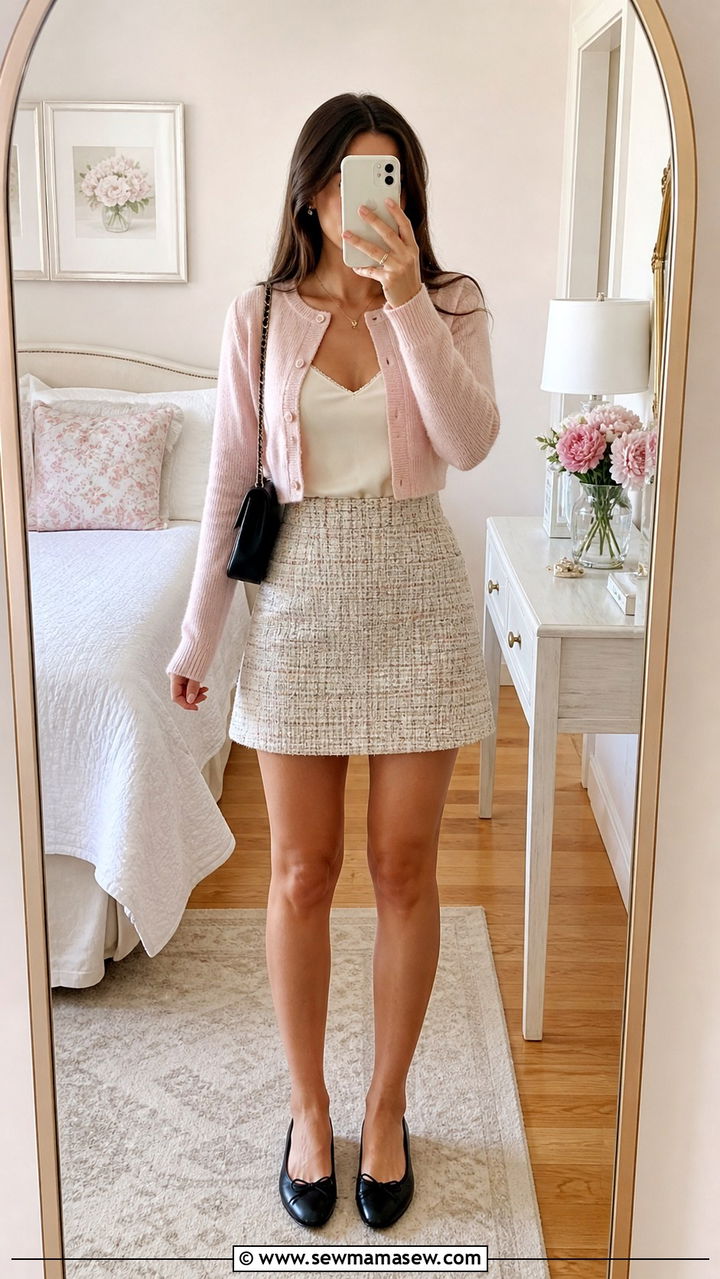 Cropped Cardigan with Camisole and A Line Mini Skirt - 40 transitional outfits