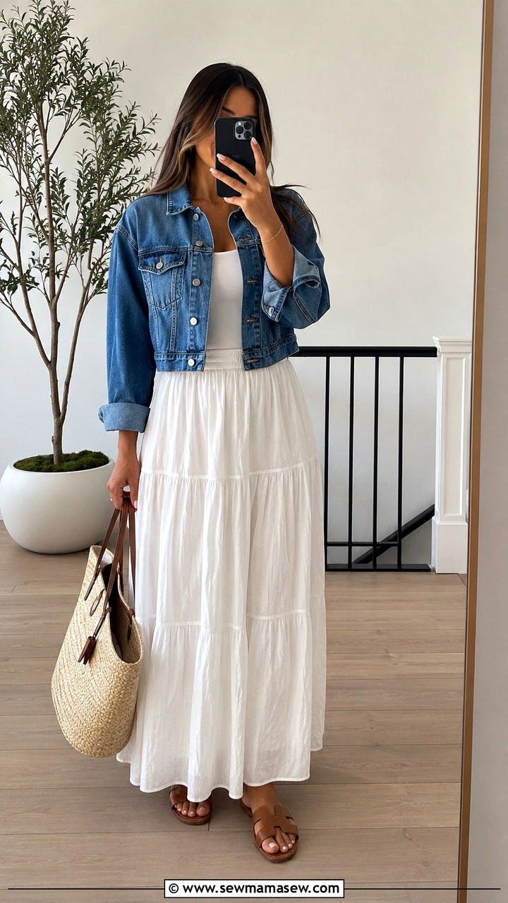 Cropped Cardigan with Denim Mini Skirt - 30 transitional skirt outfit ideas
