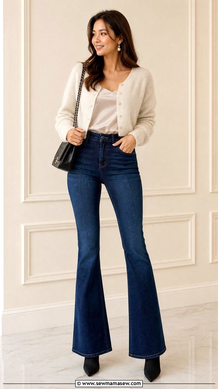 Cropped Cardigan with Flare Jeans and Sock Boots - 30 Flare jeans outfit ideas with boots