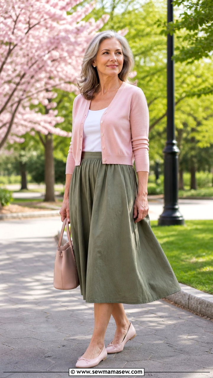 Cropped Cardigan with Flowy Midi Skirt - 20 55 year old woman outfit ideas
