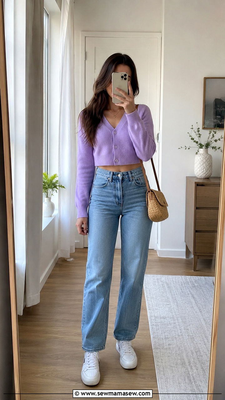 Cropped Cardigan with High Waist Jeans and Sneakers - 20 fashion inspo outfits inspo