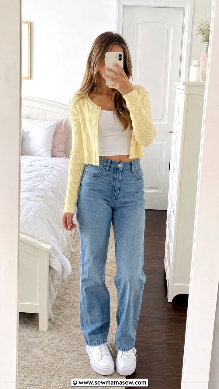 Cropped Cardigan with High Waist Straight Leg Jeans - 30 Spring outfits for middle school