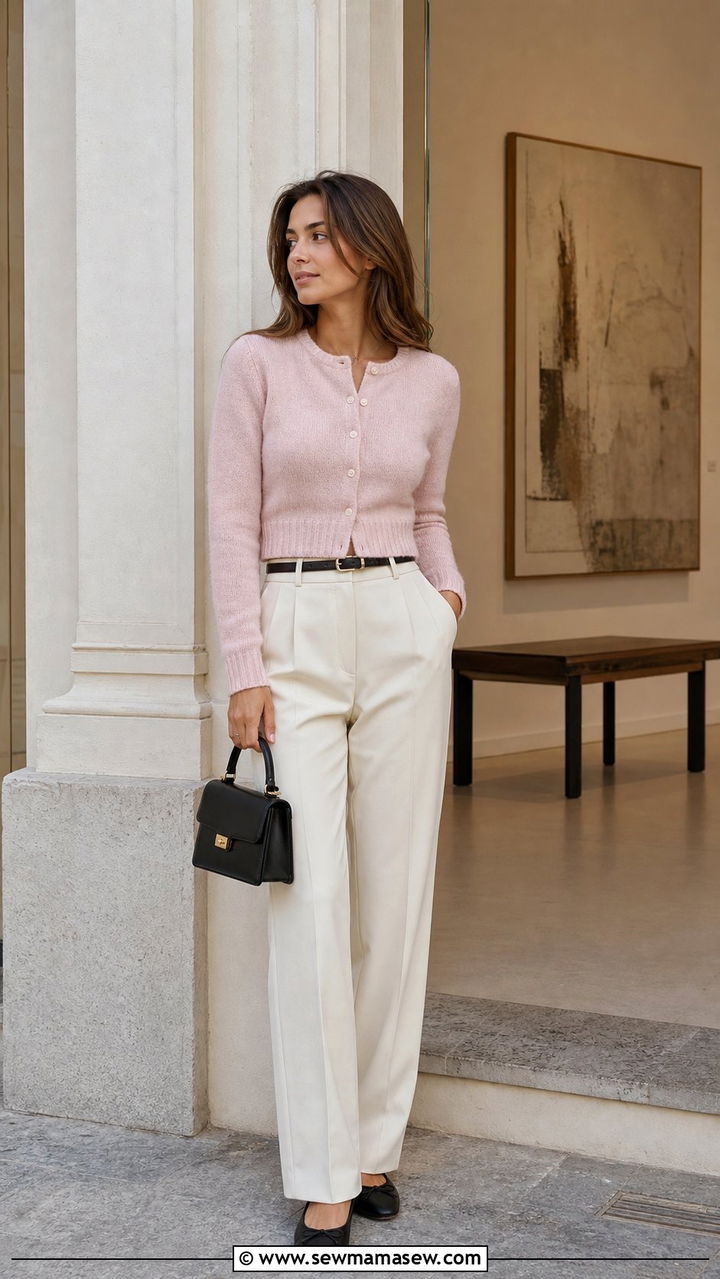 Cropped Cardigan with High Waist Trousers and Ballet Flats - 25 spring model off duty outfits
