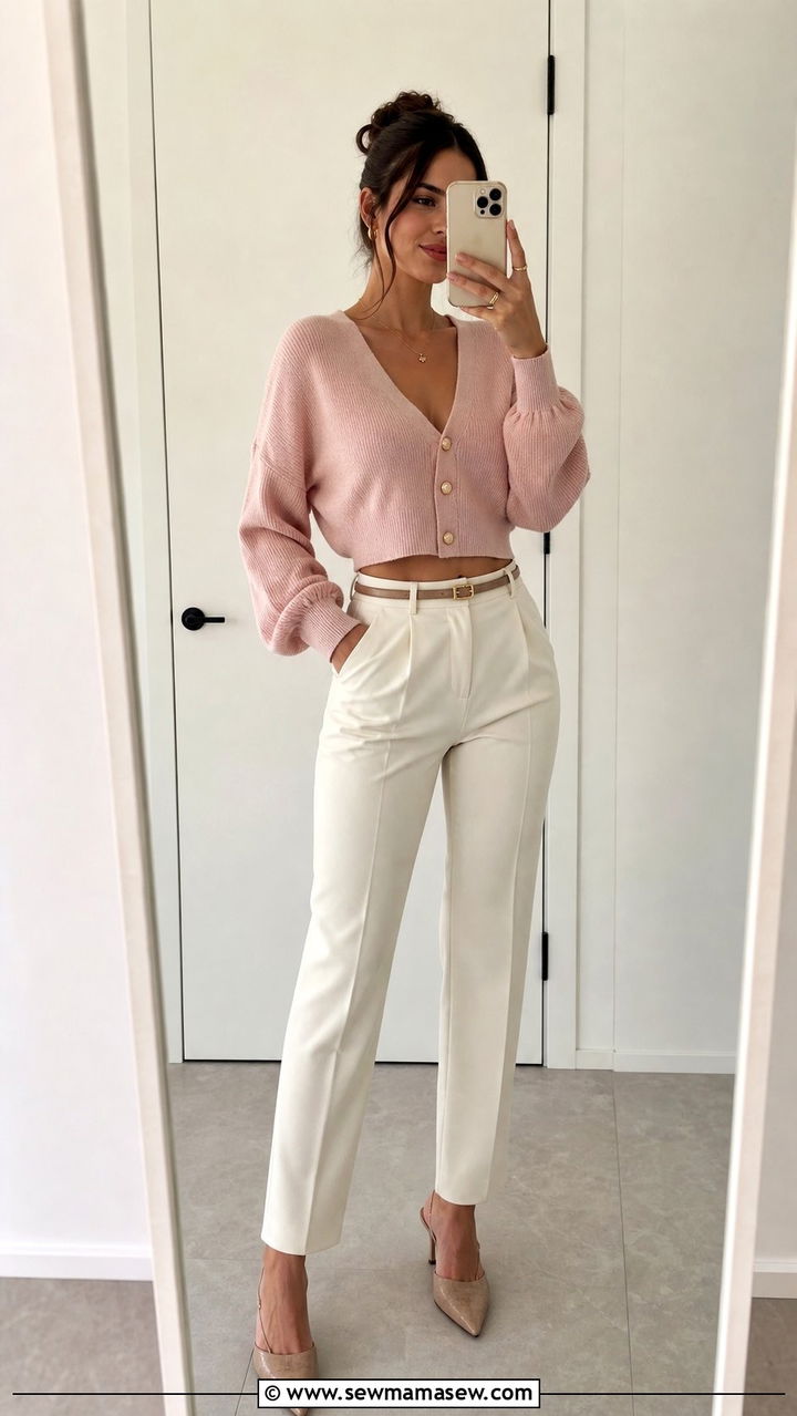 Cropped Cardigan with High Waist Trousers - 25 Dressy casual spring outfit ideas 2026