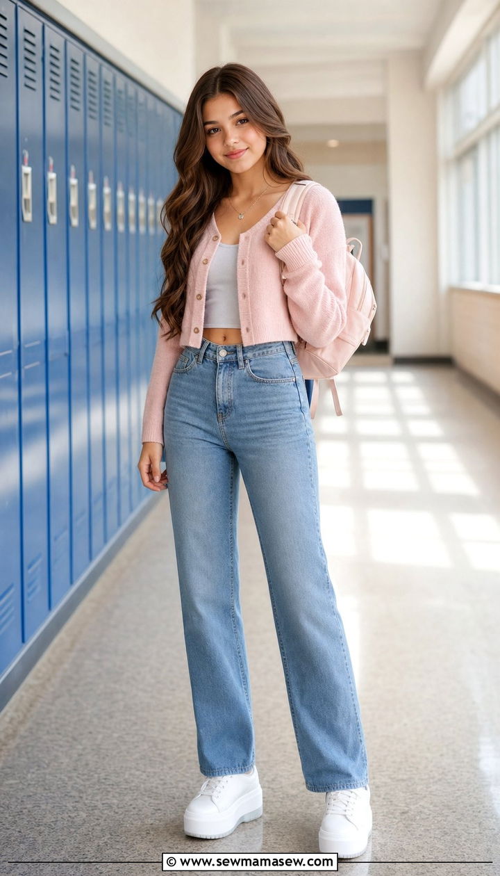 Cropped Cardigan with High Waisted Jeans - 25 Cute outfits for 14 year olds