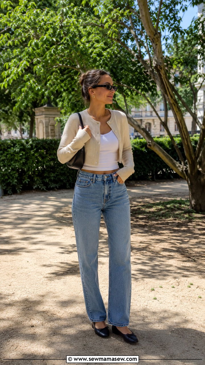 Cropped Cardigan with High Waisted Jeans and Ballet Flats - 30 transitional midsize outfit ideas