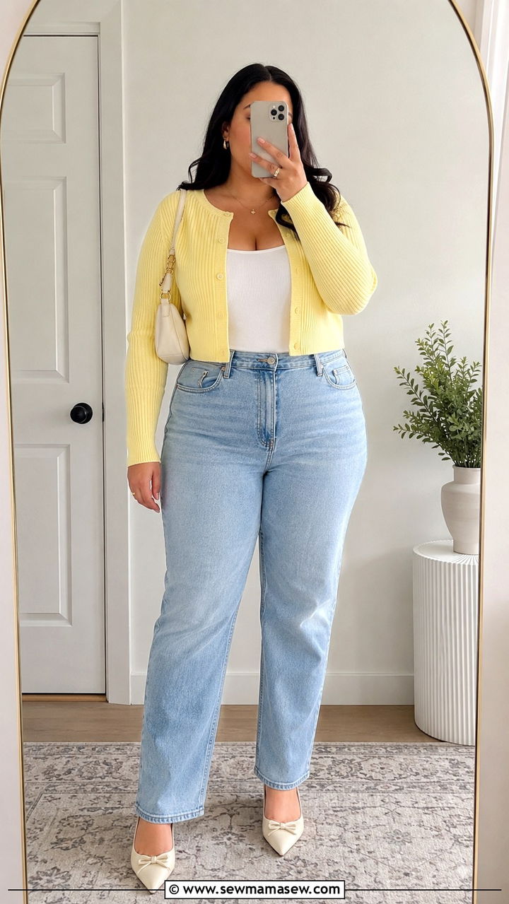 Cropped Cardigan with High Waisted Straight Jeans - 30 spring plus size outfit ideas