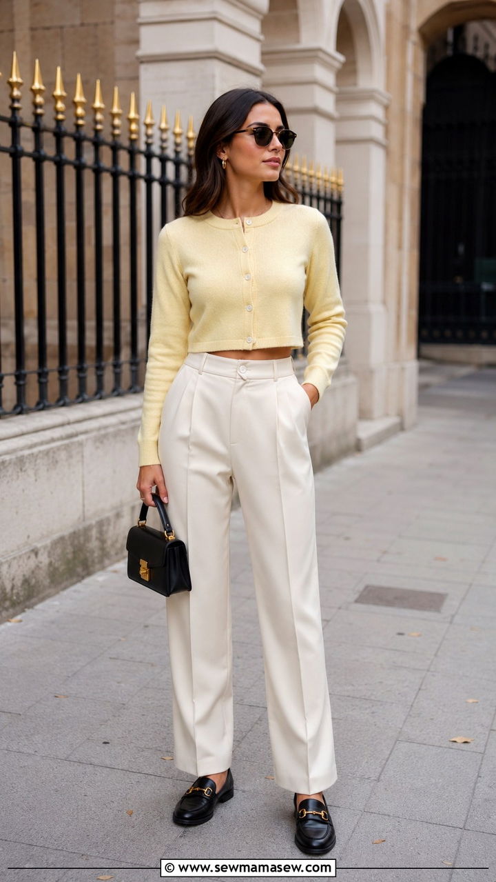 Cropped Cardigan with High Waisted Trousers and Loafers - 30 Late March outfit ideas
