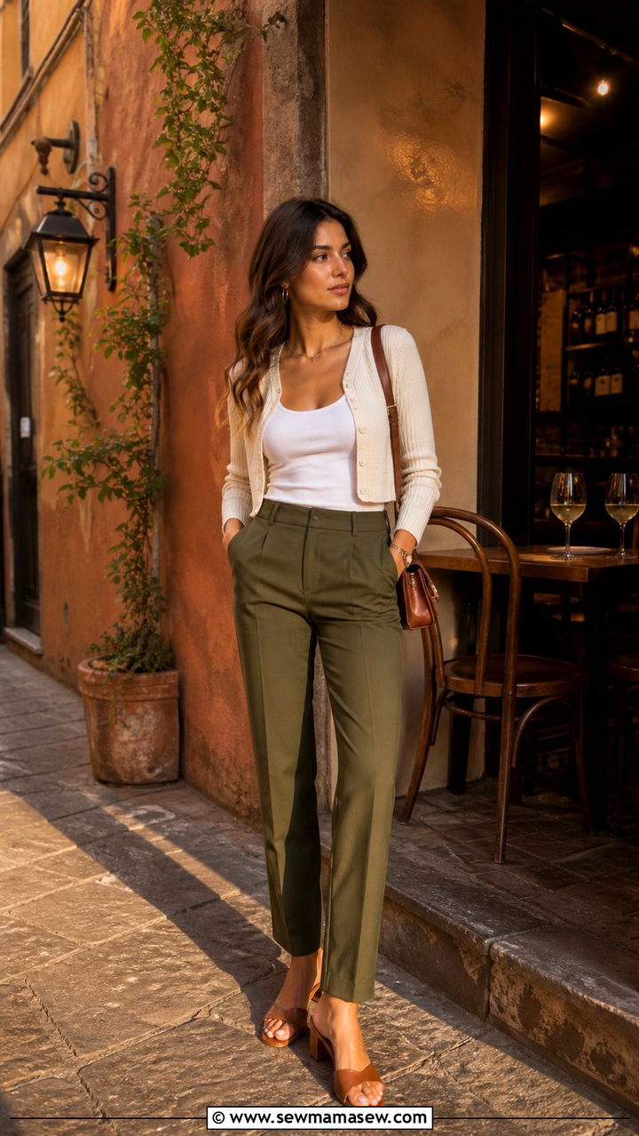 Cropped Cardigan with High Waisted Trousers and Mules - 40 Europe travel outfits