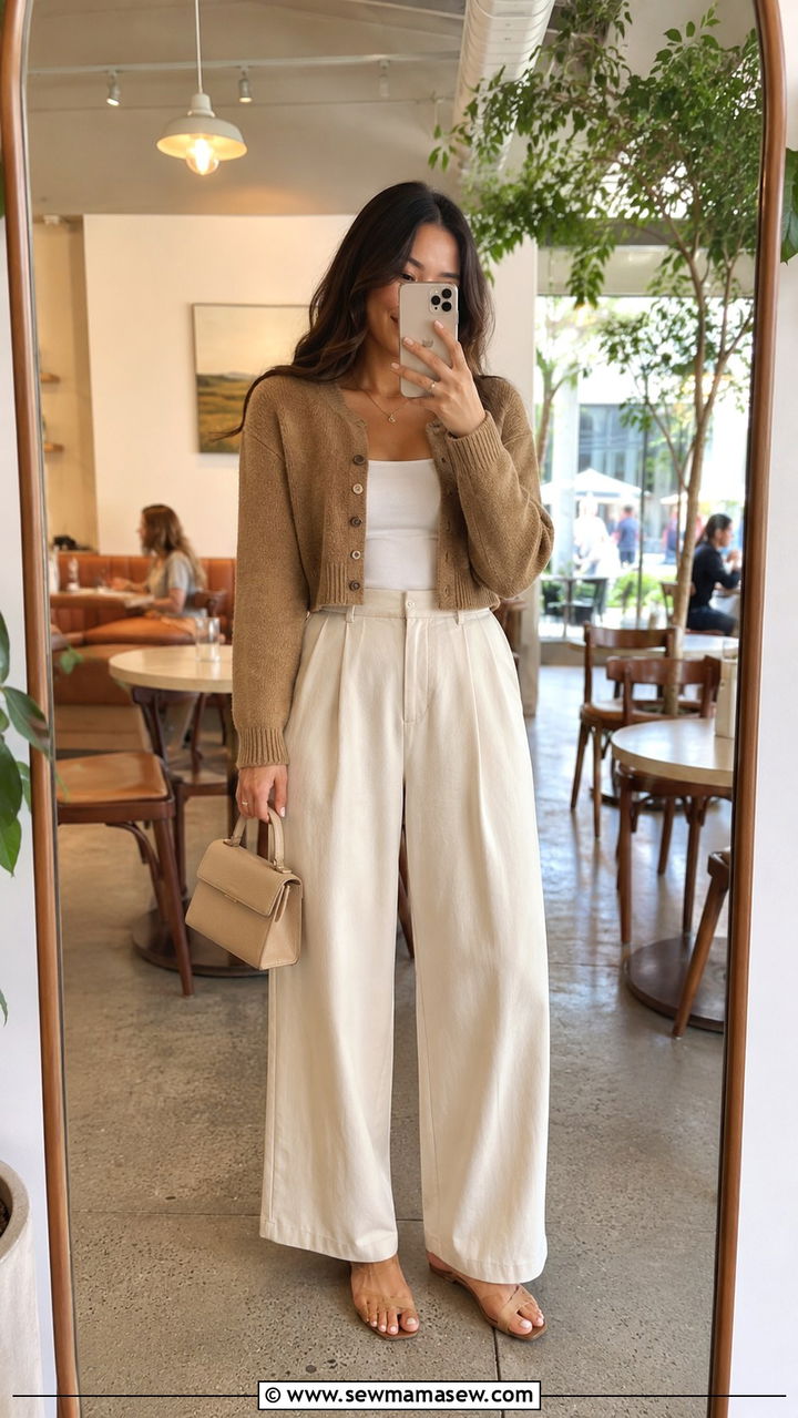 Cropped Cardigan with High Waisted Wide Leg Trousers Brunch Outfit - 30 Brunch outfit ideas Bay Area