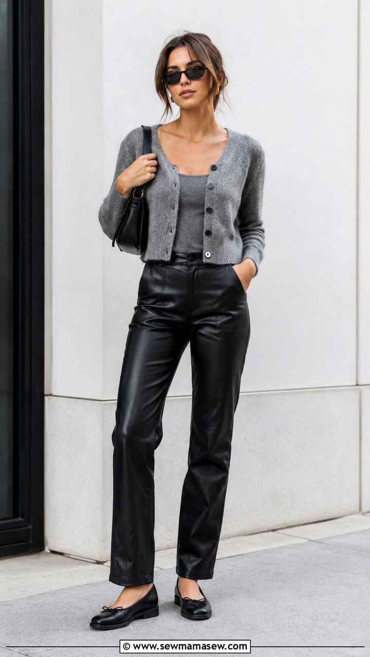 Cropped Cardigan with Leather Pants and Ballet Flats - 20 summer to fall outfits trends