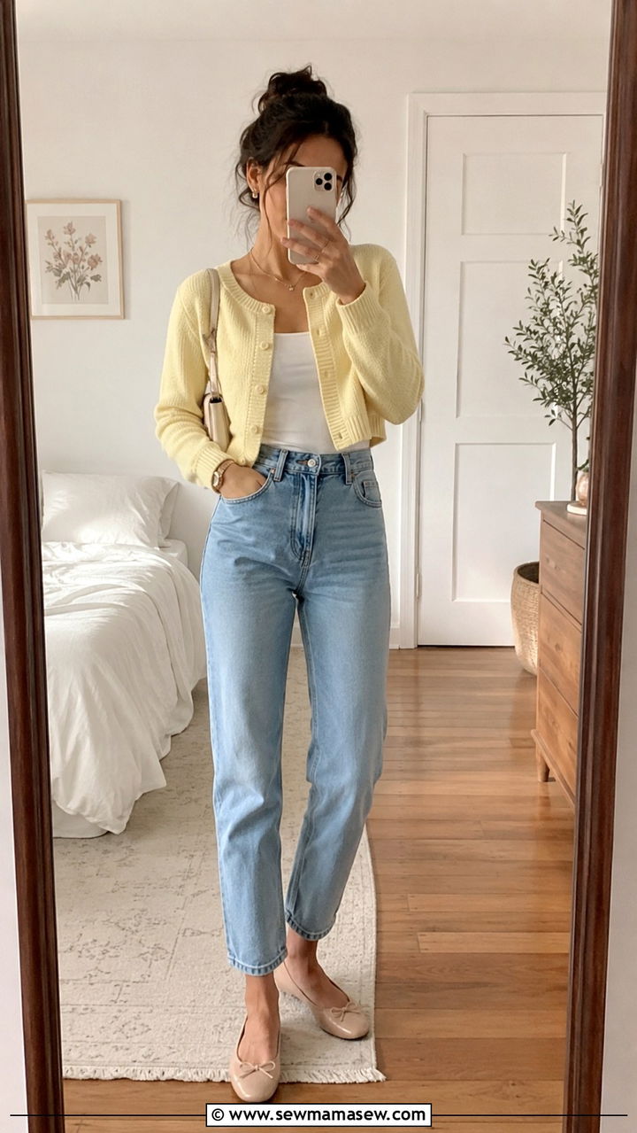 Cropped Cardigan with Mom Jeans and Ballet Flats - 30 Spring outfits with jeans