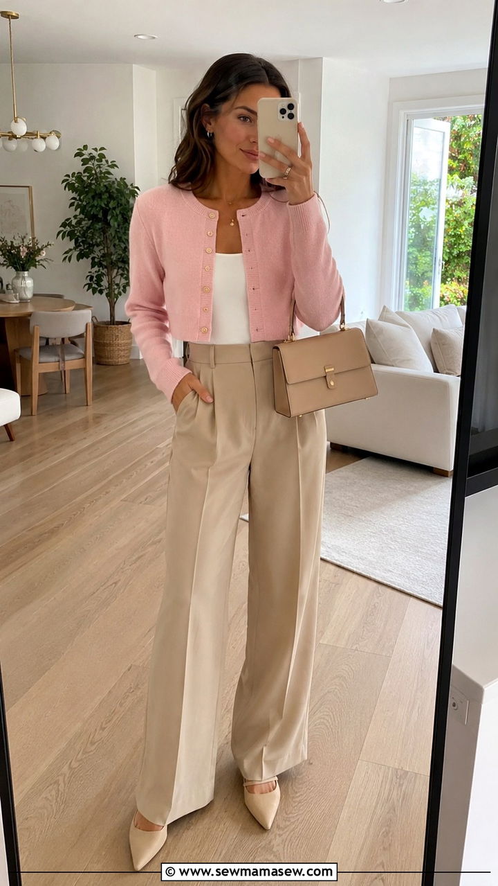 Cropped Cardigan with Tank Top and Wide Leg Pants - 30 spring capsule wardrobe outfit ideas