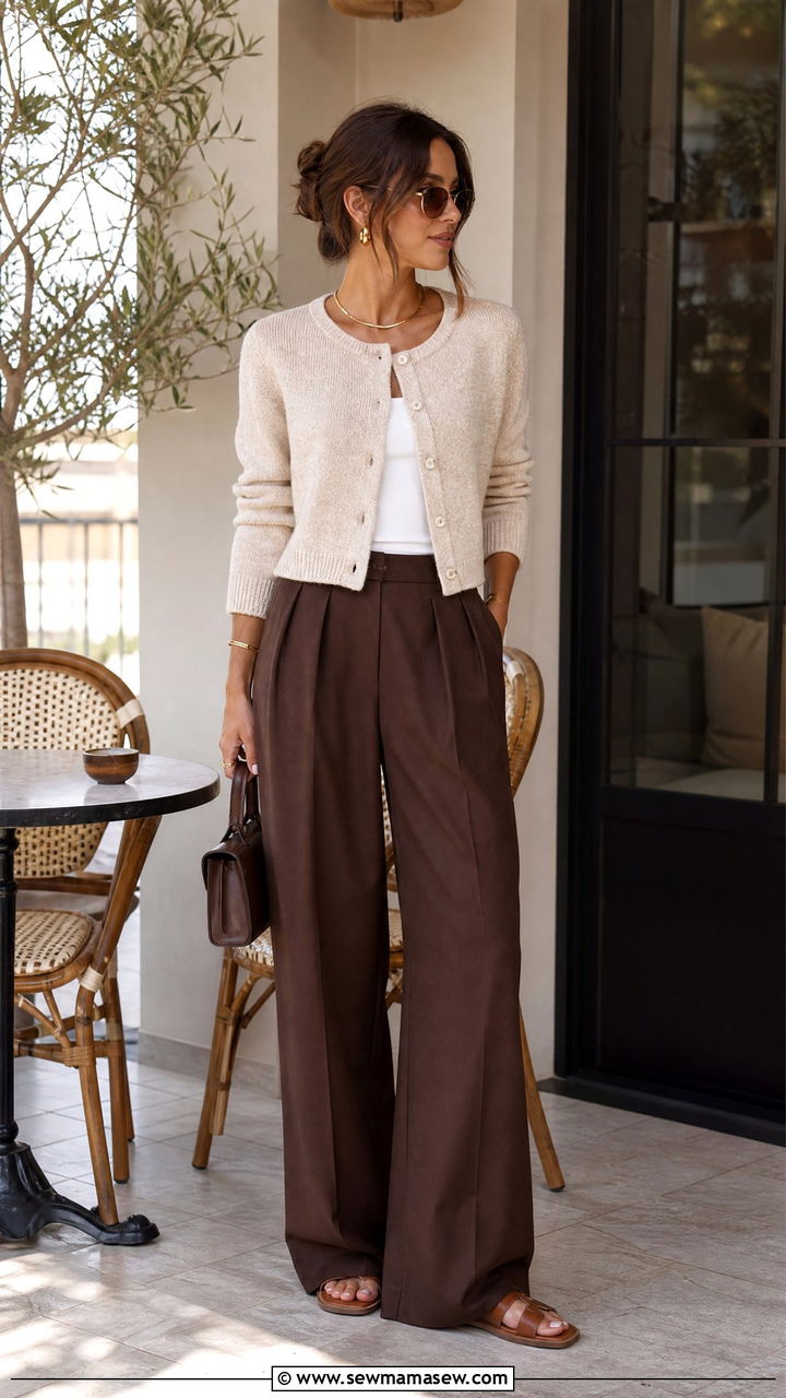 Cropped Cardigan with Wide Leg Trousers Outfit - 30 coffee run outfit ideas