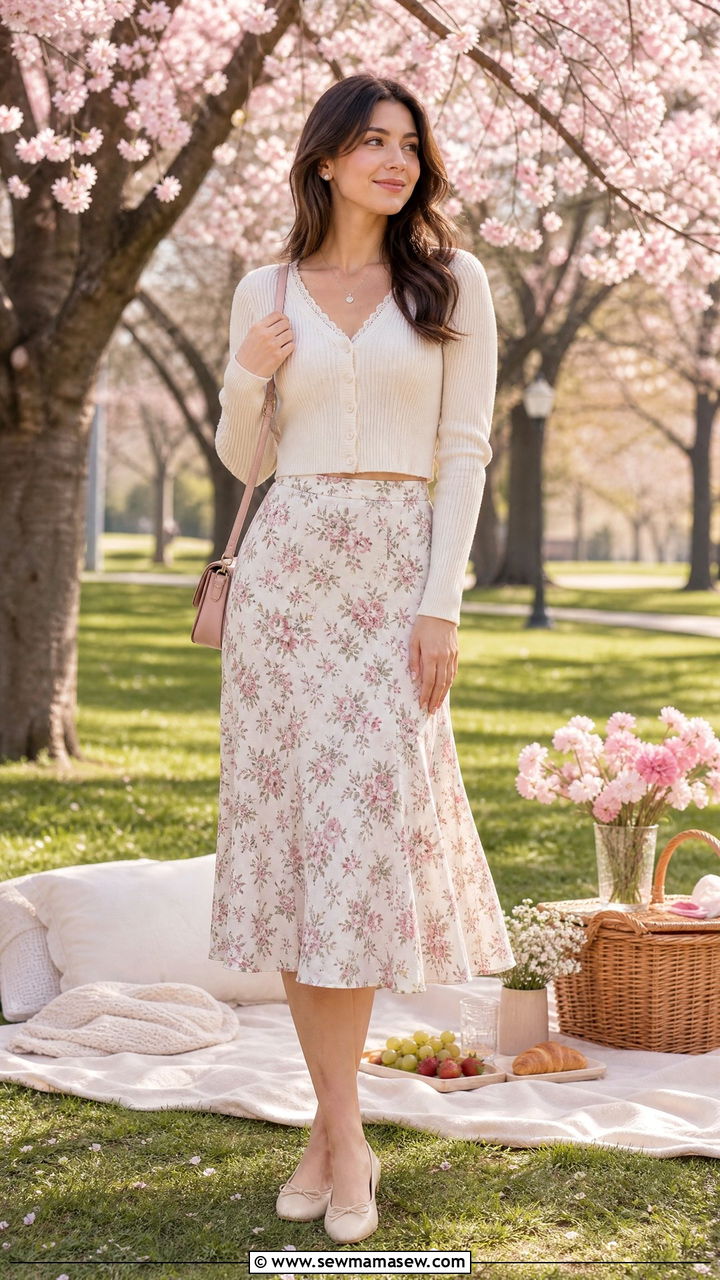 Cropped Cardigan with a Floral Midi Skirt Picnic Outfit - 40 Spring picnic outfits