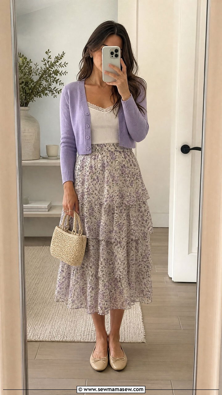 Cropped Cardigan with a Tiered Midi Skirt - 30 Feminine spring outfits
