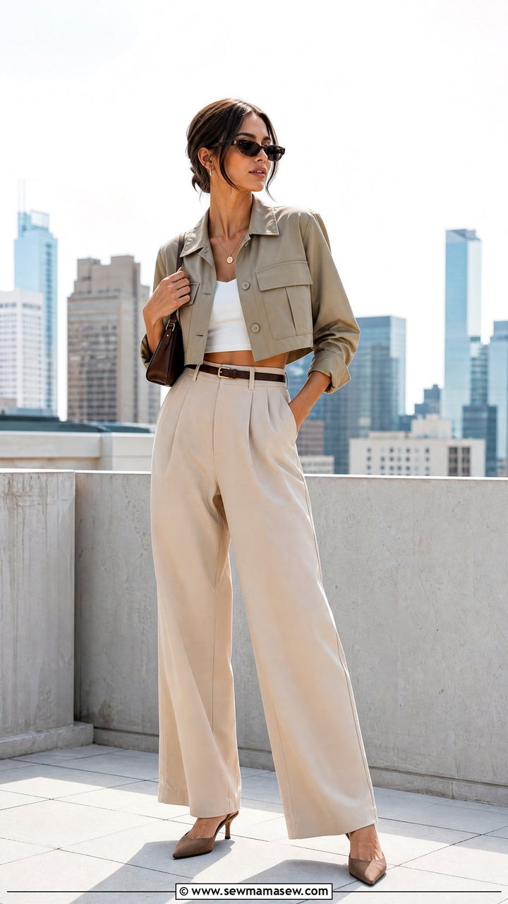 Cropped Cargo Jacket With High Waist Wide Leg Trousers - 30 summer utility chic outfit ideas