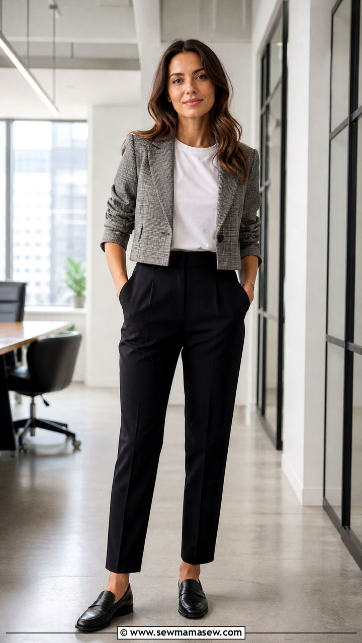 Cropped Check Blazer With White Tee And High Waisted Trousers - 40 casual blazer outfits