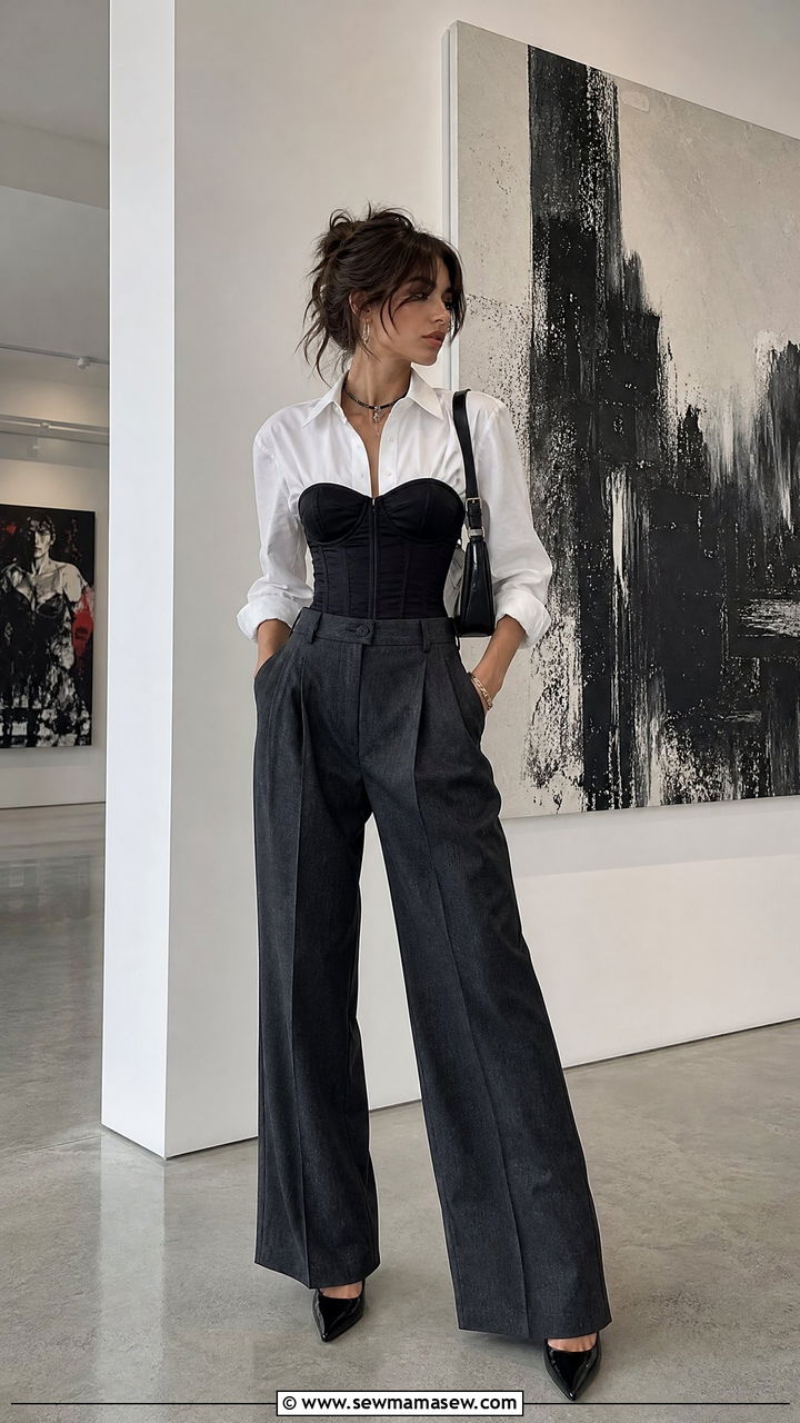 Cropped Corset Top With Tailored Trousers - 25 classy grunge outfit ideas