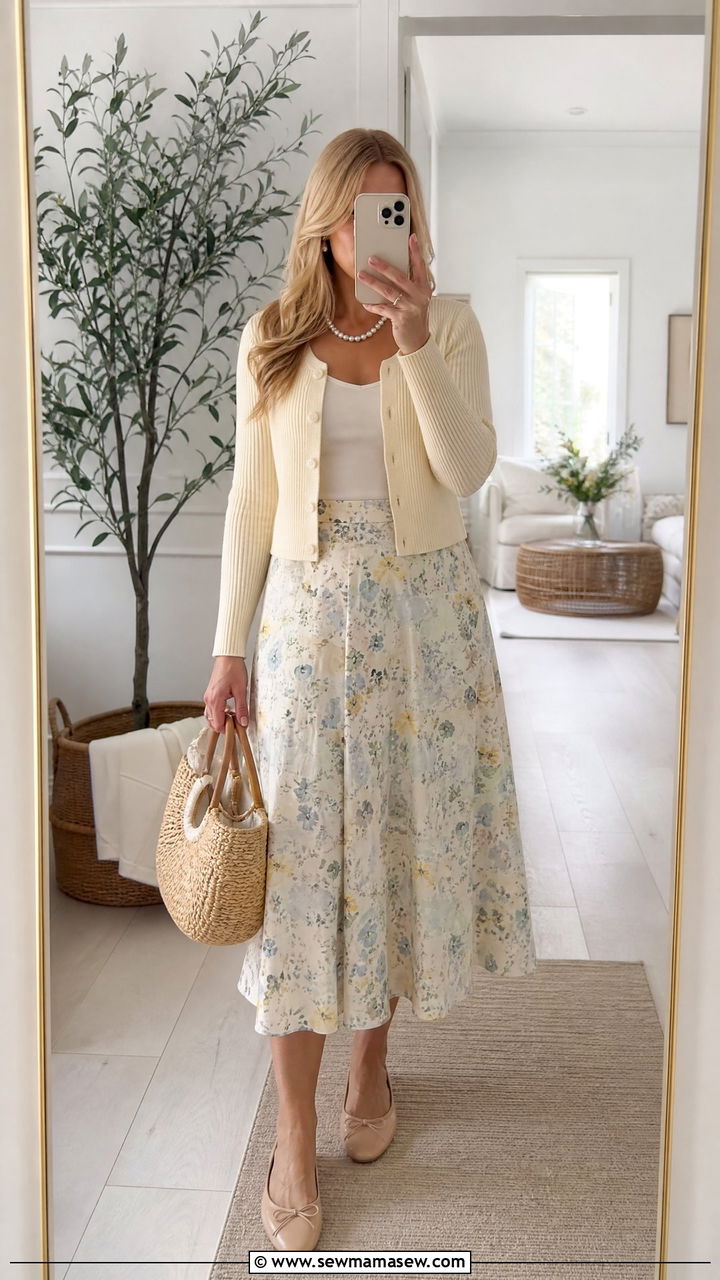 Cropped Cotton Cardigan And Floral Midi Skirt Outfit - 30 Coastal grandmother spring outfits