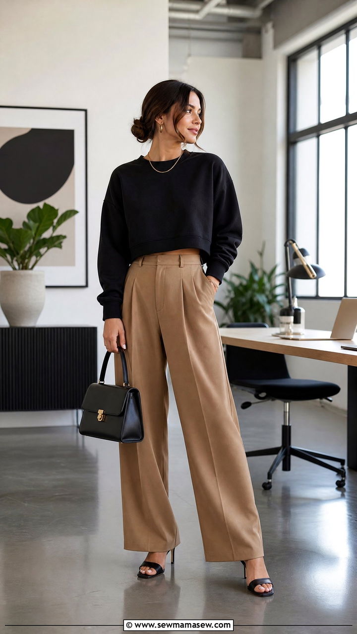 Cropped Crew Neck Sweatshirt With High Waisted Trousers - 30 Crew neck sweatshirt outfit ideas