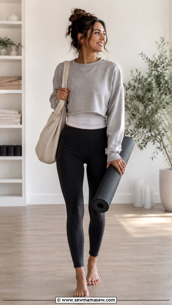 Cropped Crewneck and Yoga Pants Outfit - 25 Yoga outfit ideas for teachers