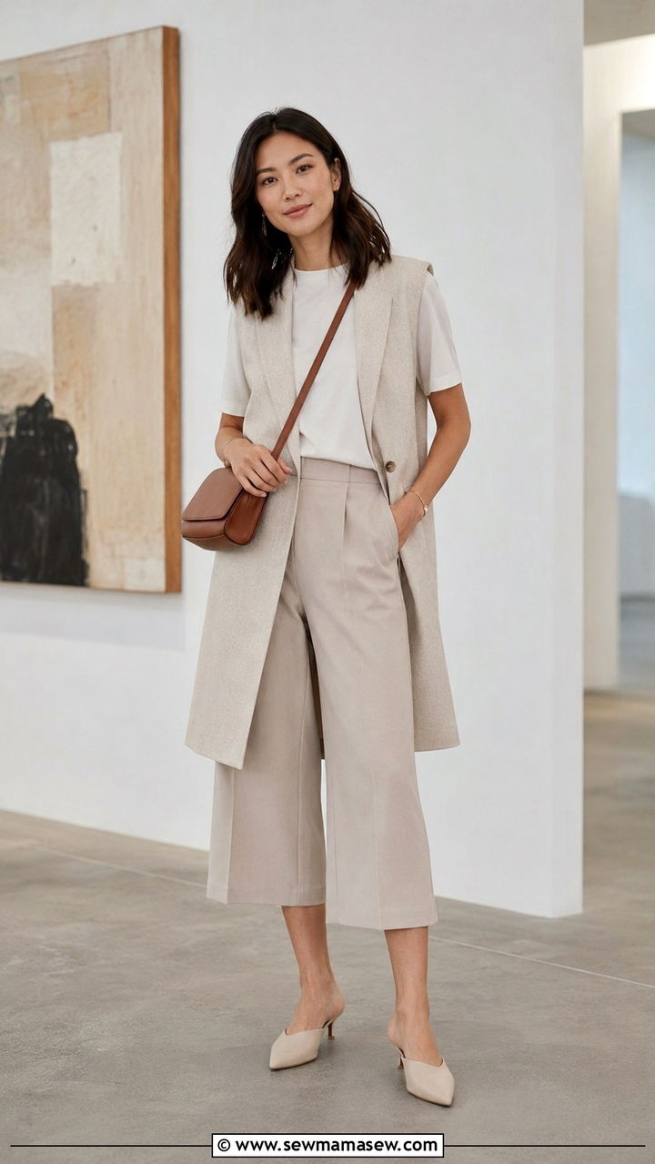 Cropped Culottes With Boxy Tee and Longline Vest - 30 transitional business casual outfits