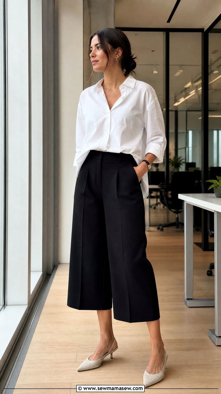 Cropped Culottes With a Button Up Shirt and Kitten Heel Slingbacks - 25 Kitten heel outfit ideas